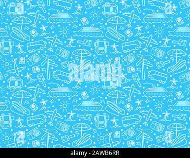 Fond de voyage avec éléments blancs dessinés à la main sur fond bleu. Motif matelets à motif gribouille. Illustration vectorielle. Illustration de Vecteur