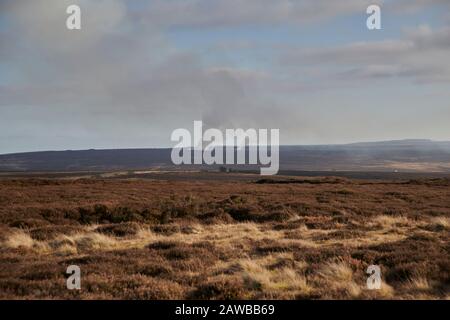 Gardien de but utilisant la combustion contrôlée de bruyère dans le cadre de la gestion de la gélose. North Yorkshire Moors, Angleterre, Royaume-Uni, GB. Banque D'Images