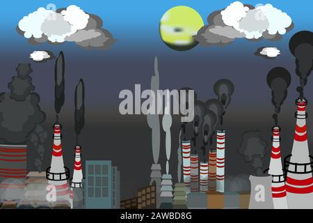 Illustration des cheminées d'usine industrielle. Panorama avec nuages de fumée. Réchauffement climatique,effet de serre,pollution atmosphérique, émissions de produits chimiques lourds.Vector Illustration de Vecteur