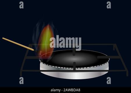 Cuisinière à gaz de cuisine. Brûleur à gaz de cuisine sur fond noir. Correspondance de gravure. Gaz naturel, service de gaz domestique. Concept de conservation de l'énergie. Vecteur de stock Illustration de Vecteur
