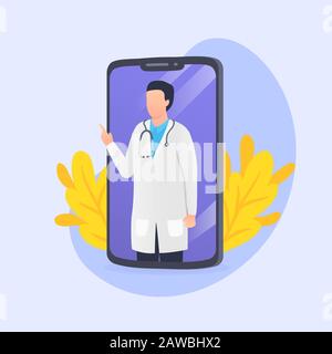 application médicale en ligne avec médecin homme sur écran de smartphone avec style plat moderne - graphique vectoriel Banque D'Images