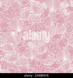 Motif de répétition rose vectoriel avec variété de coquillages superposés. Contours monochromes prêts pour l'estampage à chaud. Parfait pour le tissu, la scrapbooking Illustration de Vecteur