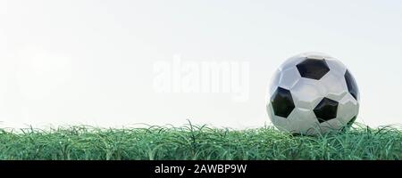 gros plan sur un ballon de football rouge et blanc sur gazon vert frais, avec un espace vide pour votre fond de ciel de contenu Banque D'Images