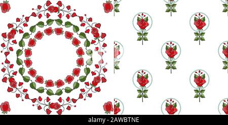 Éléments de conception et roses rouges modèle sans couture., ensemble vectoriel floral : cadres roses rouges, couronnes. Illustration de Vecteur