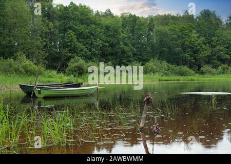 Bateaux En Bois Sur Le Lac. La nature du matin avant la pêche Banque D'Images