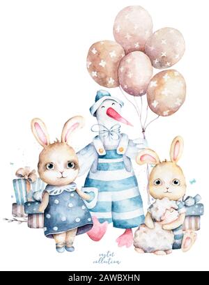 Joli lapin et bande dessinée d'oie portant un chapeau avec ballon et oeuf de pâques avec boîte cadeau. Dessiner à la main une jolie illustration d'aquarelle pour le design Banque D'Images