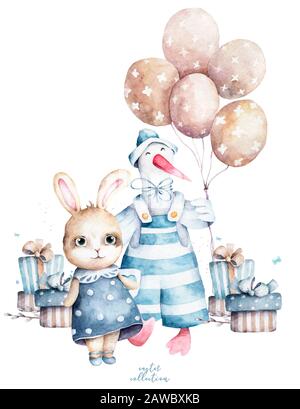 Joli lapin et bande dessinée d'oie portant un chapeau avec ballon et oeuf de pâques avec boîte cadeau. Dessiner à la main une jolie illustration d'aquarelle pour le design Banque D'Images