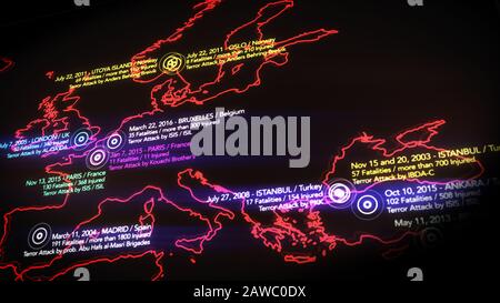 Carte des Attaques terroristes Majeures en Europe entre 2000-2016 Illustration Banque D'Images