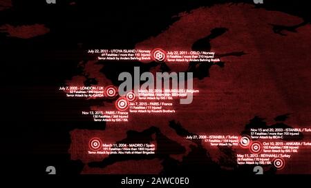 Carte des Attaques terroristes Majeures en Europe entre 2000-2016 Illustration Banque D'Images