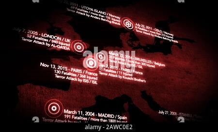 Carte des Attaques terroristes Majeures en Europe entre 2000-2016 Illustration Banque D'Images