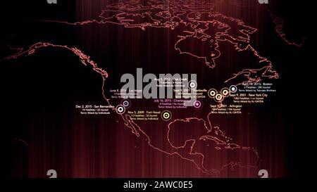 Carte des Attaques terroristes Majeures aux États-Unis entre 2000-2016 Illustration Banque D'Images