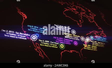 Carte des Attaques terroristes Majeures aux États-Unis entre 2000-2016 Illustration Banque D'Images