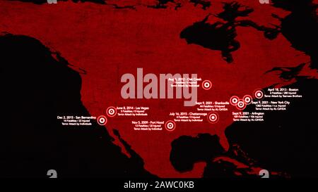 Carte des Attaques terroristes Majeures aux États-Unis entre 2000-2016 Illustration Banque D'Images