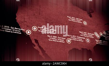Carte des Attaques terroristes Majeures aux États-Unis entre 2000-2016 Illustration Banque D'Images