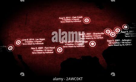 Carte des Attaques terroristes Majeures aux États-Unis entre 2000-2016 Illustration Banque D'Images