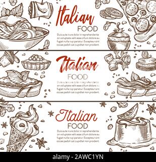 Pâtes et pizzas, menu de cuisine italienne, plats italiens Illustration de Vecteur