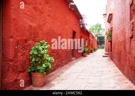 Les rues du monastère de Santa Catalina, Arequipa, Pérou, les vieux murs en terre cuite, les portes d'entrée des cellules, le long des murs en pots Banque D'Images