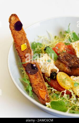 Apéritif coloré de foie gras frit, fromage camembert et pain sucré Banque D'Images