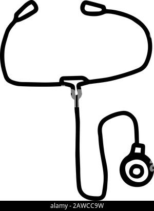 Stéthoscope de style doodle dessiné à la main isolé sur fond blanc. Illustration du contour du stock vectoriel. Simple. Élément de signe. Matériel médical. Logo. Illustration de Vecteur