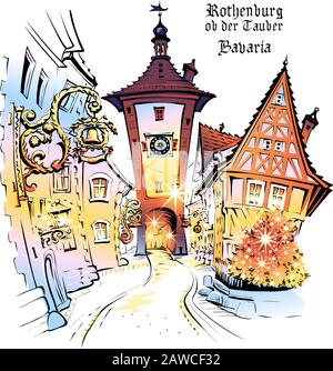 Esquisse de couleur vectorielle de Noël Plonlein dans la vieille ville médiévale de Rothenburg ob der Tauber, Bavière, partie de la route romantique à travers le sud de l'Allemagne Illustration de Vecteur