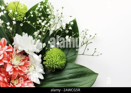 Détails. Gros bouquet de fleurs printanières pour des salutations isolées sur fond blanc. Copyspace. Pétales et feuilles, brillants, gonflant tendre. Banque D'Images