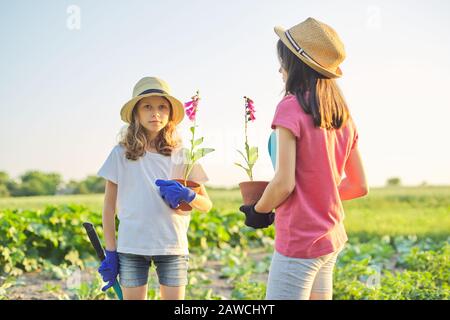 Portrait de deux filles enfants avec fleurs en pots, gants, avec pelles de jardin Banque D'Images