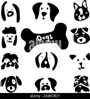Jeu de races de chiens avec des émotions de dessin animé et de beaux visages. Les images vectorielles des chiens apparaissent sur un fond blanc pour votre conception. Clipart stock noir et Illustration de Vecteur