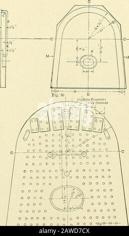 Mise en place pour les chaudières et les travailleurs de la tôle; un traité pratique sur la disposition des chaudières, des piles, des réservoirs, des tuyaux, des coudes et divers travaux de tôlerie . s M et ] I. Le reste du métal doit être coupé. La tôle est maintenant prête à être à bride. Lorsque la bride est courte, la majorité des trous pour les vis de fixation, les rivets, etc., peuvent être perforés dans la feuille avant d'être à bride. Les trous qui se rapprochent de la courbe et qui sont susceptibles de dessiner sont placés dans la feuille après qu'elle est à bord tombé. La disposition de cette tête arrière est illustrée sur la Fig. 51. Thecontour de la feuille et de la porte d'incendie h Banque D'Images