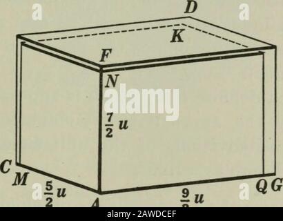 Plan et géométrie volumique . Q G @ Fig. 2. AD parallèle rectangulaire = 24 27+. Livre VII 359 parallélépipéré AD (Fig. 1) 60 fois, alors la mesure-nombre orvolume de la rectangulaire parallèle AD, en termes de U, est 60. Si le cube d'unité donné n'est pas contenu dans le rectangu-lar parallaped un nombre intégral de fois sans re-Mainder (Fig. 2), puis en prenant un cube qui est une partie aliquote de l'U, comme un huitième de l'U, et l'appliquant comme mesure à la parallaélope therectangulaire (Fig. 3), un nombre sera obtenu. Banque D'Images