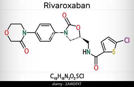 Molécule de rivaroxaban. C'est un anticoagulant et l'inhibiteur du facteur Xa direct actif par voie orale. Formule chimique du squelette. Illustration Banque D'Images