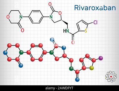 Molécule de rivaroxaban. C'est un anticoagulant et l'inhibiteur du facteur Xa direct actif par voie orale. Formule chimique structurelle et modèle de molécule. Feuille o Illustration de Vecteur