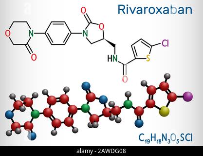 Molécule de rivaroxaban. C'est un anticoagulant et l'inhibiteur du facteur Xa direct actif par voie orale. Formule chimique structurelle et modèle de molécule. Vecteur Illustration de Vecteur