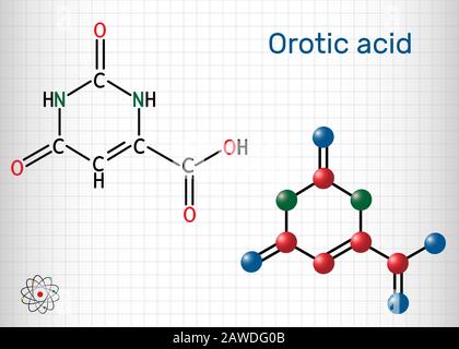 Molécule d'acide orotique. C'est une pyrimidinedione et un acide carboxylique. Formule chimique structurelle et modèle de molécule. Feuille de papier dans un bâti. Vecteur Illustration de Vecteur