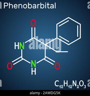 Phénobarbital, phénobarbitone ou phénobarbe, molécule C12H12N2O3. C'est un médicament pour le traitement de l'épilepsie. Formule chimique structurelle sur le Illustration de Vecteur