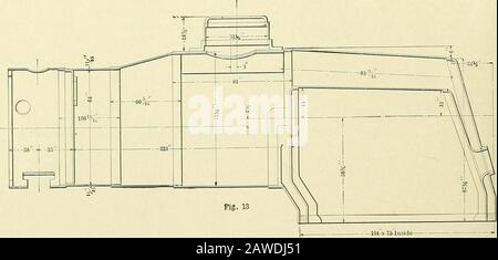 Mise en place pour les chaudières et les travailleurs de la tôle; un traité pratique sur la disposition des chaudières, des piles, des réservoirs, des tuyaux, des coudes et divers travaux de tôlerie . 11 à 16 pouces et dessiner la ligne arrière 70 POUR LES CHAUDIÈRES DE LA feuille. Maintenant, bissectez la distance entre ces deux lignes et tracez la ligne centrale CC de la feuille. Avec le tramsand un rayon libéral UN carré de la ligne d'extrémité de la feuille, permettant environ y^ pouces pour le planage. Maintenant, mesurer sur la ligne de thecenter une distance de RGS.Jos pouces. Les cors de dessin pour cette couture sur le côté droit 20 pouces vers le haut du centre.Mesurer o Banque D'Images