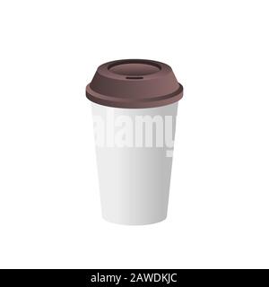 Gobelet en papier blanc avec couvercle marron. Tasse à café jetable réaliste sur fond blanc. Maquette vierge pour le logo Cafe. Videz la tasse en plastique. Vecteur Illustration de Vecteur