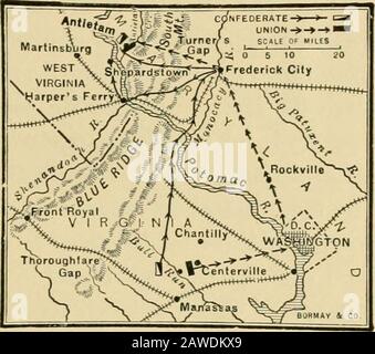 Essentials of United States history . thdrewwith son armée au bord de la James River, où il couldbe appuyée par les canonnières. 366. Déception dans le Nord. - La cam-pagne péninsulaire avait abouti à un échec. Richmond n'avait pas été prise.La déception dans le Nord a été amère. Le Presidentcalled pour une période supplémentaire de trois cent mille hommes, butrecruiting a été lente. Les gens du Nord ont été dés-réconfortés. 367. Campagne de papes. - Le Général John Pope est placedin le commandement d'une armée de cinquante mille ou plus stationedfor la défense de Washington. Hisarmy envoyé lentement autour de McClellan Banque D'Images