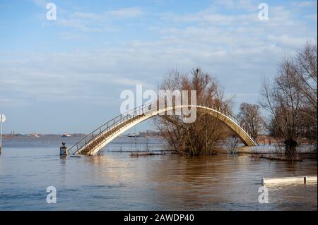 Nimègue, Gueldre, Pays-Bas. 8 février 2020. Vue sur un pont inaccessible dans la zone d'inondation.les plaines inondées le long des rives du Rhin et d'autres grandes rivières devraient être sous-marines dans des endroits plus tard ce week-end. Nijmegen est l'une des villes néerlandaises qui est maintenant affectée par ce haut niveau d'eau. La Waalkade, la zone plus proche de la rivière a été fermée à la circulation et on s'attend à ce que l'eau atteigne une hauteur de plus de 11 mètres au-dessus du niveau de la mer. L'eau du Rhin à Lobith, où le fleuve traverse les Pays-Bas, devrait atteindre environ 14 mètres Banque D'Images