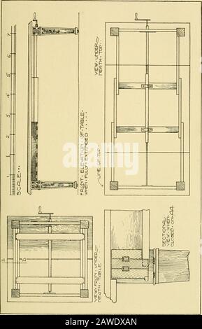 Travaux modernes d'armoires, meubles et équipements; un compte rendu de la théorie et de la pratique dans la production de tous les types de travaux d'armoires et meubles avec des chapitres sur la croissance et le progrès de la conception et de la construction; illustré par plus de 1000 dessins d'atelier pratiques, photographies et dessins originaux . faits de grain droit bridé à chaque extrémité, et mis à niveau au ras des rails. La section de la sous-rampe est illustrée dans l'esquisse ci-dessus, et elle est divisée par deux avec des perles à onglet, et reliée aux jambes par mortaise et tenon joints. Les autres vues illustrent la poursuite de l'application de ce qui précède Banque D'Images