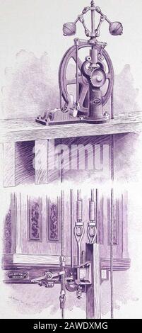 Élévateurs hydrauliques, électriques, à vapeur et à courroie. . LA VOITURE DE L'ÉLÉVATEUR DE PASSAGERS OTIS AVEC PLATE-FORME DE SÉCURITÉ À COIN GRAVITAIRE. L'ASCENSEUR STANDARD OTIS. 5. La SÉCURITÉ DU GOUVERNEUR OTIS j'ai placé sur les Poutres de la poulie en haut de l'arbre et est directement reliée aux appliancesde sécurité sous la voiture, comme illustré. Cette sauvegarde est mise en action par la voiture elle-même ix descendant à indu --peed, lockingla voiture immédiatement aux guides ; ainsi, si les cordes sont cassées ou non, la course rapide vers le bas OU LA CHUTE DE LA VOITURE EST EFFECTIVEMENT GARDÉE CONTRE. (, L'ASCENSEUR STANDARD OTIS Banque D'Images