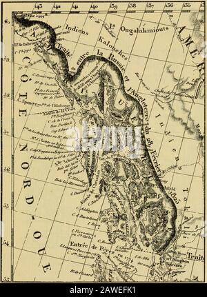 La frontière de l'Alaska . yCompanys Territories en Amérique du Nord pub-lished à Londres en 1847,^^^ une carte en volume un, montrant la route des auteurs, donne la ligne de dé-marcation entre le Russe et les Anglais ter-ritories comme il a été établi par Krusenstern dans l'hismap de 1827. (Voir la carte n° 11.) De Même sur la carte préparée par le capitaine Teben-koff de la Marine impériale russe, qui a été pêchée au pub en 1849 (voir la carte n° 12), Et sur une carte anglaise pour accompagner S. S. Hills Voyages en Sibérie, publié à Londres en 1854 (voir carte n° 13), la frontière de la lisiere d'Alaska est donnée comme Krusen-stern et Piadi Banque D'Images