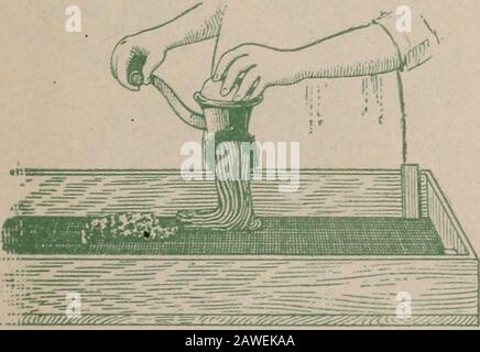 Maison mise en conserve et séchage des légumes et des fruits .. . Fig. 16. Hachoir à viande utilisé pour la préparation des légumes. Les produits doivent être stockés dans un endroit frais, sec, bien ventilé et protégé contre les rats, les souris et les insectes. Dans les sectionsoù l'air est Très humide, des récipients d'étanchéité à l'humidité doivent être utilisés. Il est bon de prac-tice d'utiliser de petits conteneurs pour qu'il ne soit pas nécessaire de laisser le contenu posé longtemps après l'ouverture et avant l'utilisation. Pour plus de commodité, étiquetez tous les emballages. Fig. 15. Préparation de produits secs pour le stockage. Divers types de conteneuershere illustrés, ainsi que du paraflin fondu et de la brosse Banque D'Images