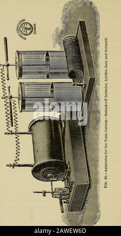 Électro-diagnostic et électrothérapeutique : un guide pour les praticiens et les étudiants . gers de ces bocaux étincelles, dont la force et la taille se développent avec la puissance de l'appareil Euhmkorff. Ces étincelles, comment-jamais, il a été prouvé, ne sont pas des stries uniformes de lumière, mais plutôt des oscillations innombrables, très rapides, visibles. Maintenant, si la couche extérieure des bocaux Leyden est reliée à un solénoïde (un court fil de cuivre épais spiralof), il est produit dans ce dernier acarrent avec autant d'interruptions que le leapingspark a des oscillations; pour chaque centimille oscilla Banque D'Images