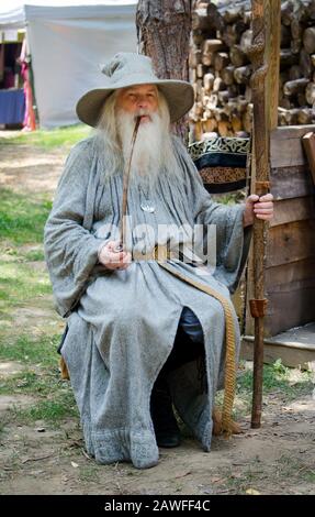 Holly Michigan, États-Unis 27 juillet 2014 ; un homme en costume comme Merlin le magicien du roi Arthur Times, se détend à une foire de la Renaissance Banque D'Images