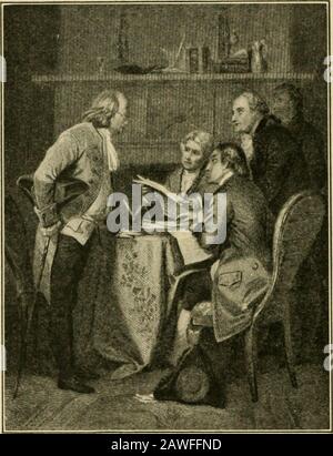 Les essentiels de l'histoire des États-Unis . La déclaration HISTORIQUE des États était composée de Thomas Jefferson de Virginie, John Adams du Massachusetts, Benjamin Franklin de Penn-sylvania, Roger Sherman du Connecticut et Robert R. Livingston de New York. Thédocument a été élaboré par .Jef-ferson, et a été resvised avec merelya quelques changements bya (1 a m s et Franklin. Le Comité a soumis son rapport le 28 juin, et il a accepté que l'actionfinale soit takenon le premier jour de juillet. Le jour de la séance, la résolution a été dis-Jeffehsox lecture à la Commission le premier a fait l'ébauche de la Déclaration. Banque D'Images