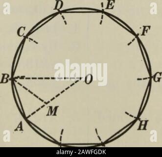 Plan et géométrie volumique . Ex. 971. Inscrire un dodécagon régulier dans un cercle. Ex. 972. Diviser un cercle donné en deux segments de sorte que tout angleinscrit dans un segment soit cinq fois un angle inscrit dans l'autre. Ex. 973. Circonscrire un triangle équilatéral autour d'un cercle. Ex. 974. Circonscrire un hexagone régulier autour d'un cercle. Ex. 975. Sur une ligne donnée comme un côté, construire un hexagone régulier. Ex. 976. Sur une ligne donnée comme un côté, construire un dodécagon régulier. Ex. 977. Si A est le côté d'un dodécagon régulier inscrit dans un cercle Tv^rayon de flexible est i?, alors A = B 2 — VS. PROPOsiTiox IV Banque D'Images