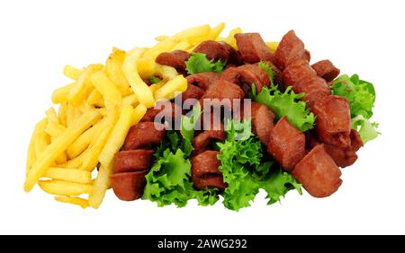 Saucisses en spirale pour chiens chauds et frites de pommes de terre isolées sur un fond blanc Banque D'Images