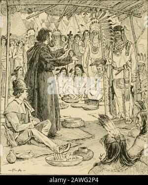 Les essentiels de l'histoire des États-Unis . du bonheur, beaucoup d'entre eux étaient heureux. Bien que leur travail n'ait guère bénéficié aux Indiens, c'était d'une grande valeur pour la France. Les Jésuites ont blasé la route pour le soldat, le trapper et le Trader. Leur tact et leur connaissance du personnage rouge de la mans ont gagné l'allégeance de l'Indien, si leur religion n'a pas gagné son coeur. On dit que le travail de l'un de ces missionnaires, Piquet, vaut la peine de deux régiments de soldats. 89. Marquette et Joliet. — Les Indiens qui ont visité le poste de mission frontière de Michilhnackinac (Mish-il-i-mack-i-nac) Banque D'Images
