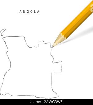 Angola croquis crayon à main levée carte de contour isolée sur fond blanc. Carte vectorielle dessinée à la main vide de l'Angola. Crayon 3 dimensions réaliste avec ombre douce. Illustration de Vecteur