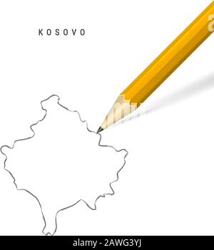 Kosovo croquis crayon à main levée carte de contour isolée sur fond blanc. Carte vectorielle tracée à la main vide du Kosovo. Crayon 3 dimensions réaliste avec ombre douce. Illustration de Vecteur